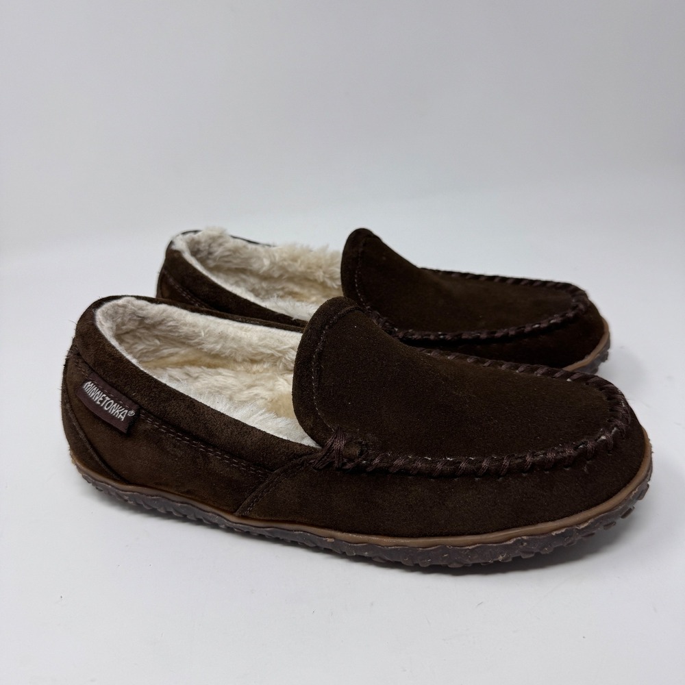 Minnetonka Suede Moccasin Slippers Faux Fur Lined Comfort Shoes Brown size 8